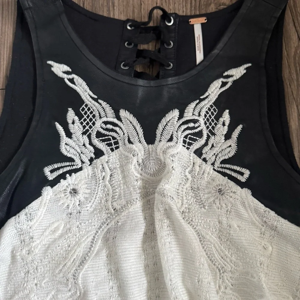 Free People Faux Leather Black and White Lace-Up Back Layered Top